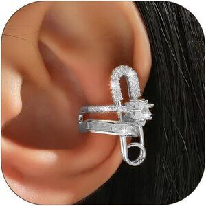 Silver Safety Pin Non Piercing Rhinestone Star Clip on Earring Cartilage Jewelry